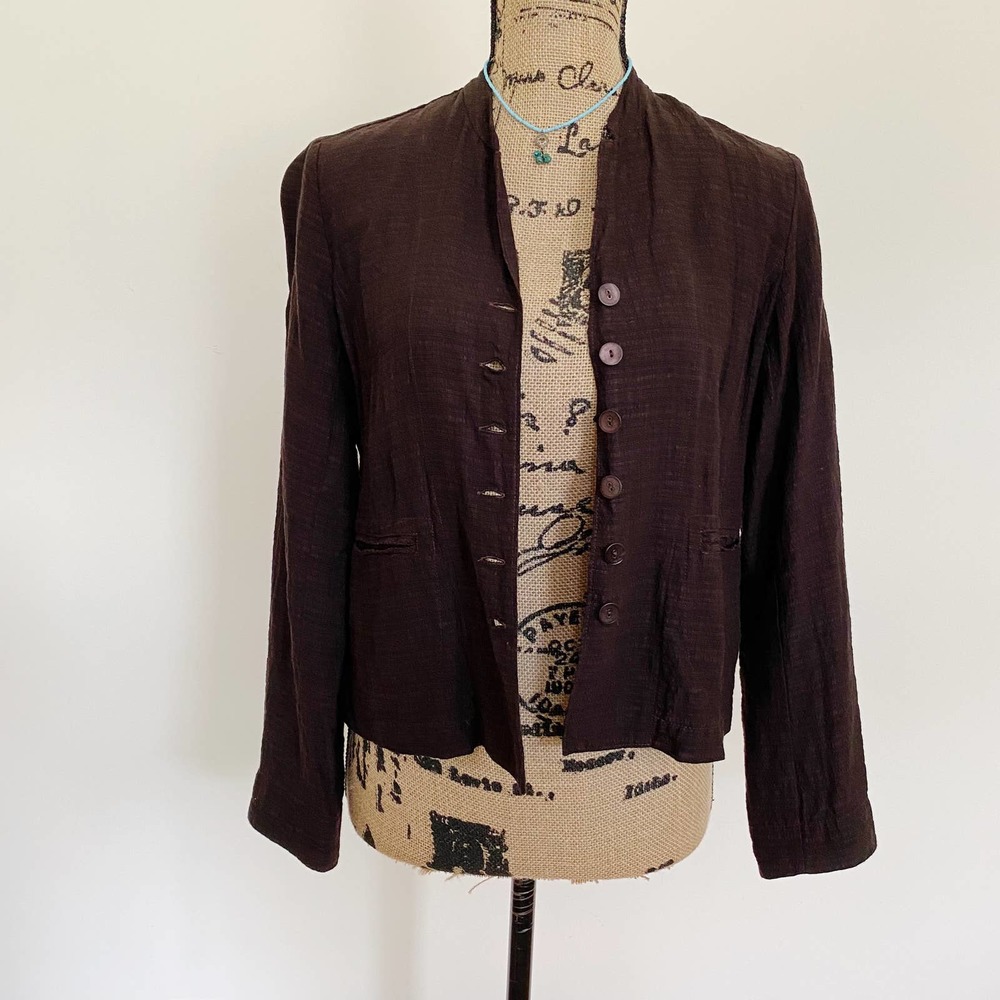 Eileen Fisher Brown Linen Fitted Button Down Shirt Jacket